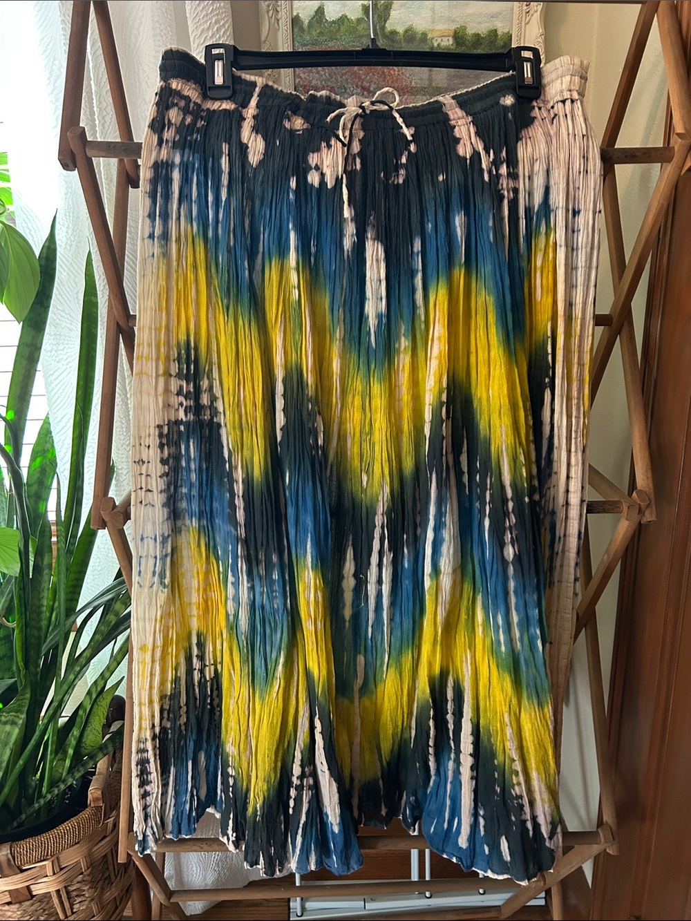 Tie-Dye Pleated Maxi Skirt — Yellow, Blue & Black with drawstring waist